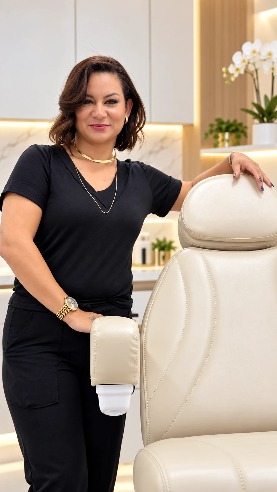 Angélica Monteiro ao lado da cadeira de atendimento em seu studio de podologia.