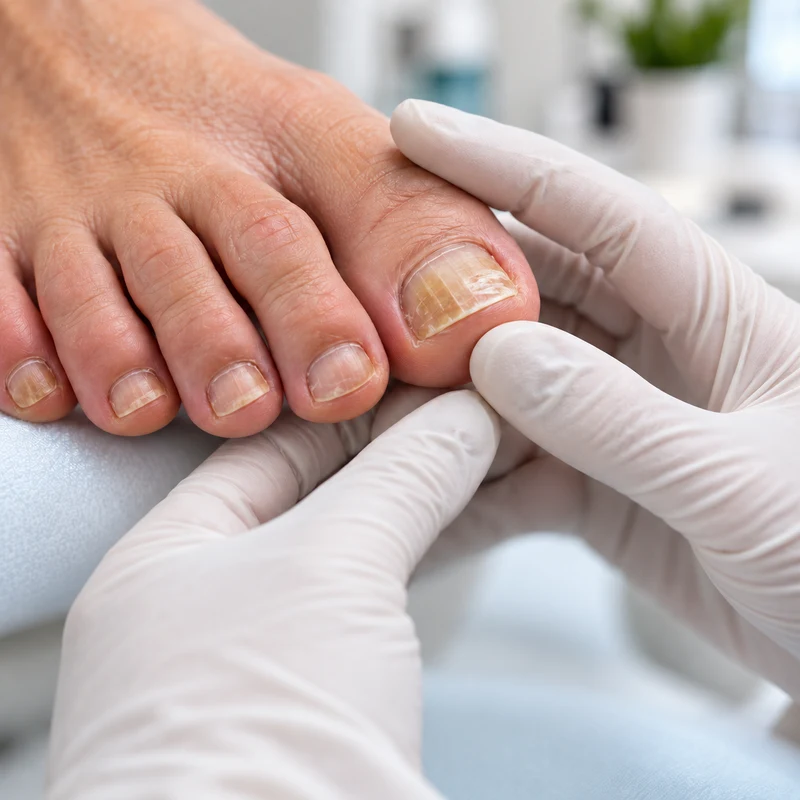 Exame das unhas dos pés com alterações de cor e textura, realizado com mãos enluvadas.
